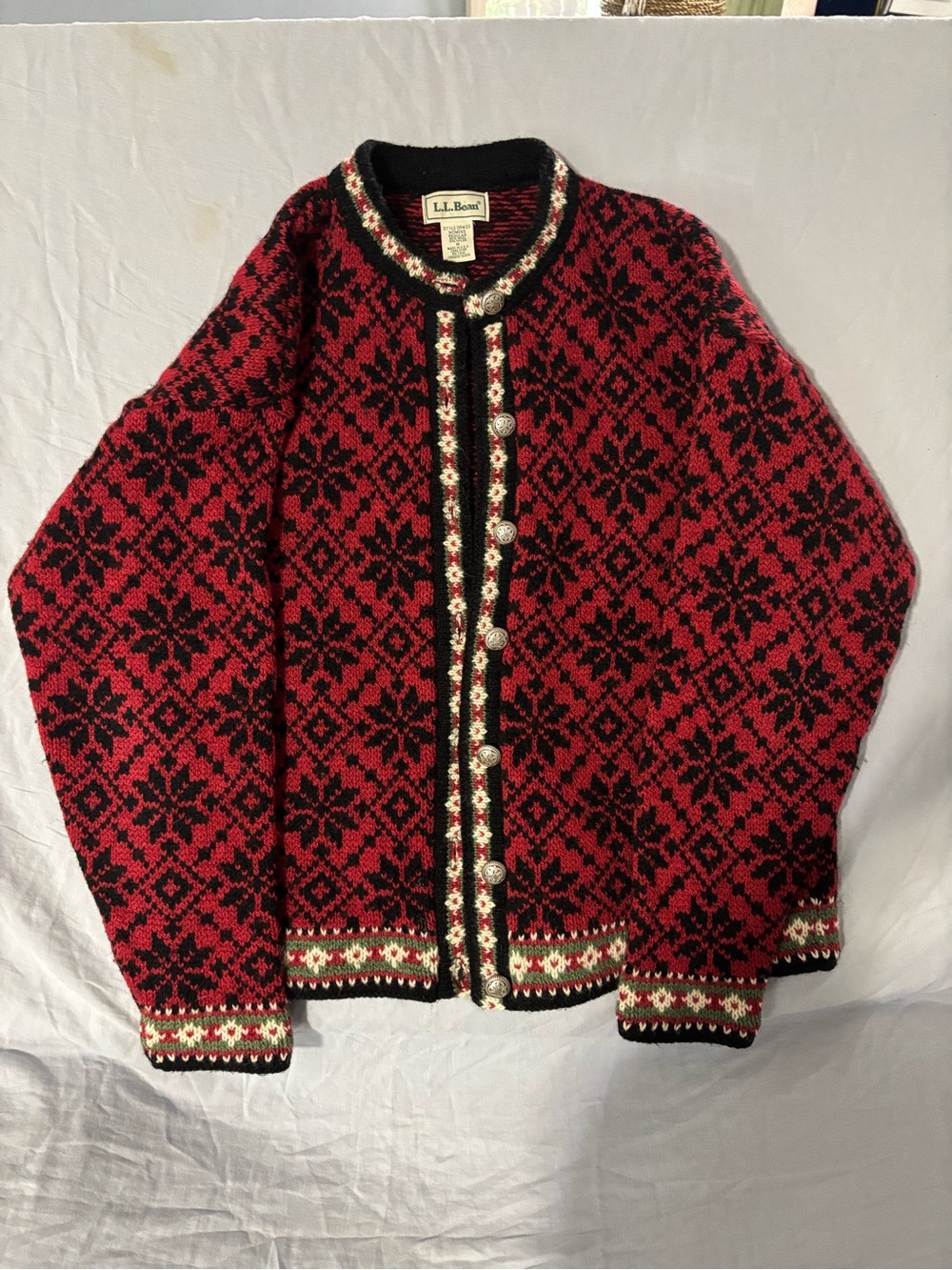 L.L. Bean Red and Black Nordic Wool Cardigan